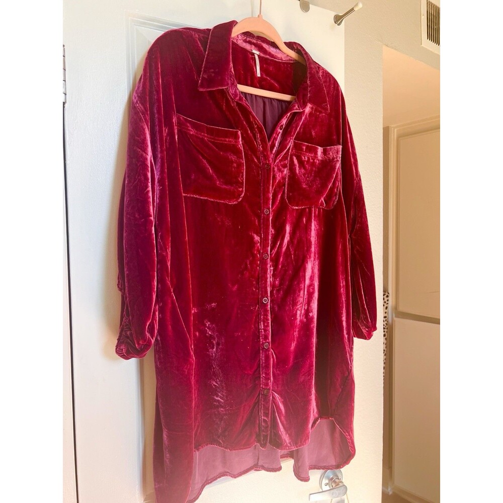 Free People Purple Velvet Shirt S Petite (Fits Up To XXL!) Long Sleeve Pockets